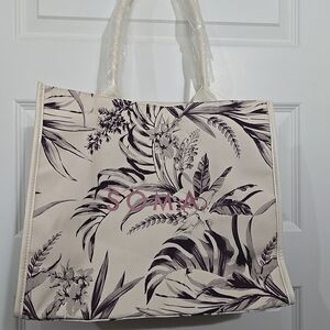 Soma Cream Tote with Black Botanical Print and Pink Logo